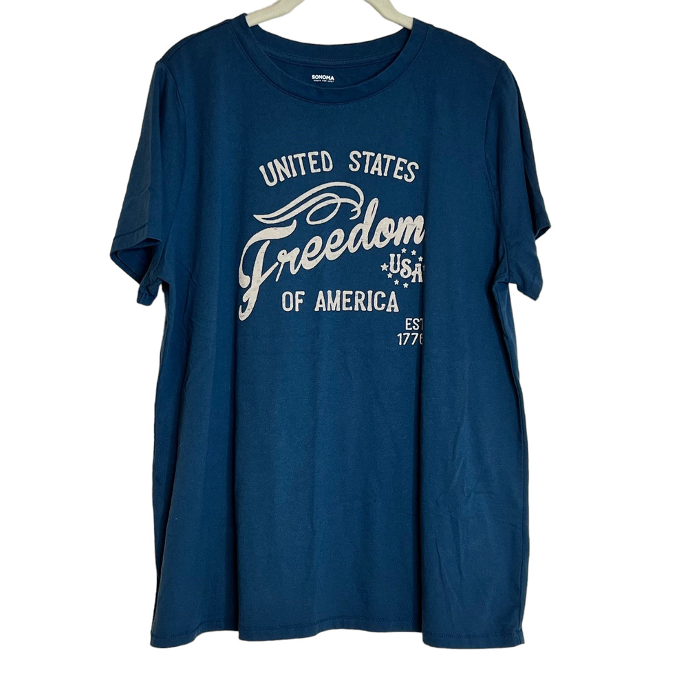 Sonoma Womens Patriotic Tee XL Blue Freedom United States of America Spellout